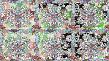 Raster illüstrasyonu. Kusursuz desenli, modaya uygun kumaş deseni. Düz Çiçek Elementleri Tasarımı. Şirin çiçek elementleri. Renkli Bahar Teması Kusursuz Arkaplan.