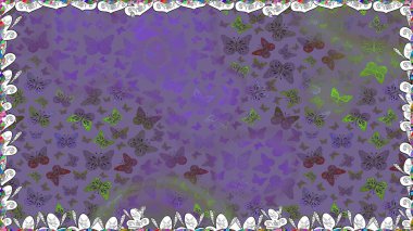 Raster illüstrasyonu. Kumaş, tekstil, baskı ve davetiye için arka plan. Menekşe, nötr ve gri renkte güzel renk kelebekleri.