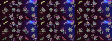Raster illüstrasyonundaki çiçek desenli çizim. Çiçekler kahverengi, siyah ve mavi renklerde.