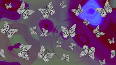 Raster illüstrasyonu. Yüzey dokuları, duvar kağıtları, web sayfası geçmişi, tekstil için mükemmel. Gri renkli resimler. Eskiz kalıbı arka planı. Renkli sevimli kelebek.