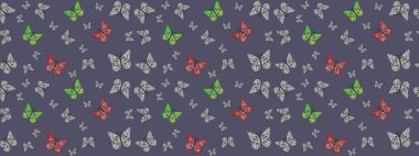 Kelebekli parlak eskiz deseni. Raster illüstrasyonu. Gri renkli resim. Moda Kumaşı Tasarımı.