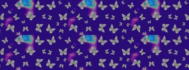 Raster illüstrasyonu. Çizim kalıbı. Web sayfası geçmişleri, duvar kağıtları, tekstil ve yüzey dokuları için mükemmel. Raster. Mavi arka plandaki suluboya kelebeklerin.