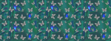 Güzel bir kumaş tasarımı. Dekoratif el çizimi kelebekler. Mavi renkli resim. Raster illüstrasyonu.