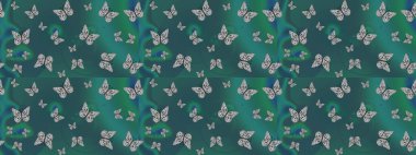 Raster illüstrasyonu. Watercolor Style 'da uçan kelebeklerle eskiz kalıbı. Mavi renkte bir resim. Kumaş, Tekstil, Baskı ve Davetiye için arka plan. Doğada Güzellik.