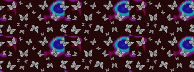 Eskiz kalıbı arka planı. Renkli sevimli kelebek. Yüzey dokuları, duvar kağıtları, web sayfası geçmişi, tekstil için mükemmel. Raster illüstrasyonu. Kahverengi renkli resimler.