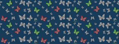 Moda Kumaşı Tasarımı. Raster. Mavi renkte bir resim. Soyut eskiz arka planı. Kelebek deseni.