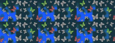 Renk çizimi kalıbı. Raster illüstrasyonu. Fantezi güzel illüstrasyon. Mavi renkli resimler. Kitap sayfaları için çiçek ormanlarında uçan güzel kelebekler..