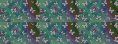 Giysi tasarımı için yeşil arka planda geleneksel Raster halk çiçekleri dekoru. Kart, baskı ve davetiye için basit şirin bir desen. Nakış, egzotik kelebeklerle süslü çiçek çizimi deseni..
