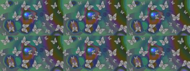 Çizim, karalama, karalama. Giysi kumaşı için böcek dokusu parçası tekrarlanıyor. Bahar Kelebeği teması. Raster illüstrasyonu. Yeşil üzerine güzel bir kelebek kumaşı çizimi. Sonsuz.