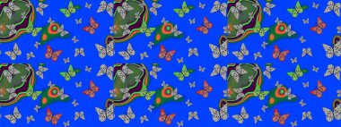 Fantezi güzel illüstrasyon. Mavi renkli resimler. Renk çizimi kalıbı. Raster illüstrasyonu. Kitap sayfaları için çiçek ormanlarında uçan güzel kelebekler..