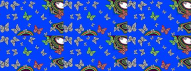 Kızlar, erkekler, elbiseler, duvar kağıtları için soyut çizim kalıbı. Moda tarzı. Tekstil ve kumaş için komik kelebek deseni. Kelebek, kanat, neon renkli yaratıcı raster arkaplan.