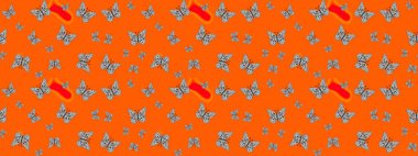 Raster illüstrasyonu. Tropikal temalı kelebek deseni. Tekstil, duvar kâğıtları, web sayfası arkaplanları ve yüzey dokuları için mükemmel. Turuncu renkli şirin kelebek çizimi..