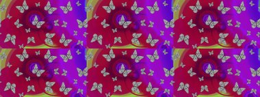 Mor, soyut suluboya kelebeklerle bezenmiş yumuşak bir deniz mavisi deseni. Sonsuz. Yazdırmayı tekrarla. Raster illüstrasyonu.