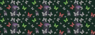 Raster illüstrasyonu. Kumaş, kağıt, ambalaj kâğıdı ve duvar kağıdı tasarımı için güzel bir arka plan. Renkli kelebeklerin eskiz arka planı.