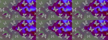 Raster. Kelebekli soyut çiçek arkaplanı çiz. Sonsuz. Çizim, karalama, karalama. Moda Kumaşı Tasarımı.