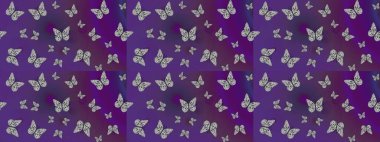 Duvar kağıtları, web sayfası geçmişi, yüzey dokuları, tekstil için mükemmel. Resimlerde tropik kelebekler görülür. Raster. Mor renkler üzerine çiçek desenli eskiz.