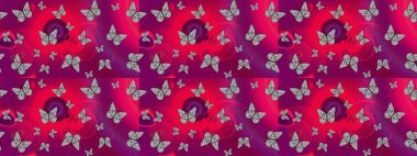 Robot resim. Raster illüstrasyonu. Kelebekli tasarım. Çizim, karalama, karalama. Mor arka planda kelebekler. Sonsuz.