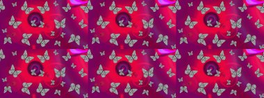 Mor arka planda bir resim. Robot resim. Kelebek deseni. Kumaş, tekstil, baskı ve davetiye örnekleri. Raster..