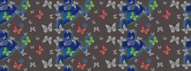 Kahverengi kelebek deseni. Parmak izi dokuları için sevimli kelebek çizimi deseni. Giysi tasarımı için dekor arka planı. Raster illüstrasyonu.