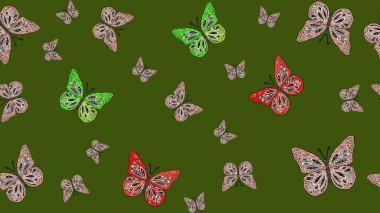 Yeşil renklerin soyut arkaplanı. Dekoratif Raster çizimi. Elle çizilmiş kelebeklerle. Renkli romantik kelebekler eskiz kalıbı arka planı.