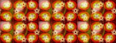 Turuncu, kırmızı ve kahverengi renklerde altın tekrarlayan elementlerle soyut arkaplan. Eskiz oryantal klasik altın desen.