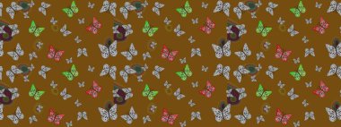 Raster illüstrasyonu. Kahverengi üzerine güzel bir kelebek kumaşı çizimi. Giysi kumaşı için böcek dokusu parçası tekrarlanıyor. Çizim, karalama, karalama. Bahar Kelebeği teması. Sonsuz.