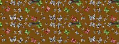 Davetiye, kart ve parmak izi için basit kadınsı bir model. Kahverengi arka planda kelebek. Raster illüstrasyonu. Çizim.