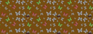 Kahverengi arka planda kelebek desenli çizim. Raster illüstrasyonu. Kumaş, Tekstil, Yazdırma ve Davetiye için arkaplan.