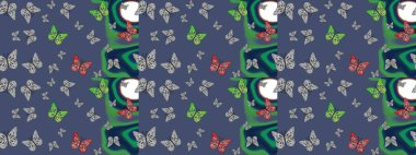 Kumaş, kağıt ve ambalaj için uygun. Kelebek gölgeleri ve siluetler. Raster illüstrasyonu. Bahar ve yaz tropikal kelebek deseni mavi renklerde.