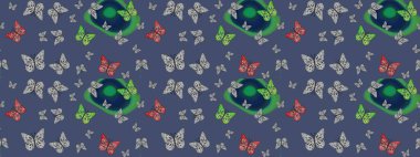 Duvar kağıtları, web sayfası geçmişi, yüzey dokuları, tekstil için mükemmel. Mavi renkli resimler, tropik kelebeklerle birlikte. Raster Kelebekleri deseni. Soyut çizim arkaplanı.