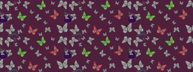 Tropikal temalı kelebek deseni. Raster illüstrasyonu. Kahverengi renkli sevimli kelebek çizimi. Tekstil, duvar kağıtları, web sayfası arkaplanları, yüzey dokuları için mükemmel.