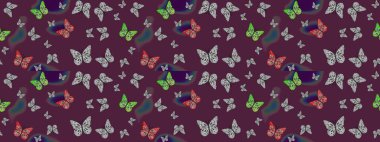 Raster illüstrasyonu. Kumaş, Tekstil, Baskı ve Davetiye için arka plan. Kahverengi arkaplanda kelebek deseni.