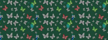 Yeşil arka planda güzel renkli kelebeklerin Raster vintage el çizimi. Raster illüstrasyonu. Moda sevimli kumaş tasarımı.