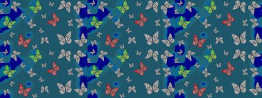 Mavi arka planda kelebek deseni. Raster illüstrasyonu. Kumaş, kağıt, ambalaj kağıdı ve duvar kağıdı tasarımı için sevimli bir arkaplan.