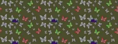 Web sayfası geçmişleri, duvar kağıtları, tekstil ve yüzey dokuları için mükemmel. Şirin Raster çizimi. Kelebekler yeşil renkte çizim yapar.