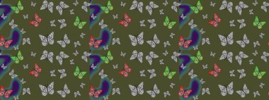 Yeşil renklerin çizimi. Watercolor Style 'da uçan kelebeklerle eskiz kalıbı. Kumaş, Tekstil, Baskı ve Davetiye için arka plan. Raster illüstrasyonu. Doğada Güzellik.