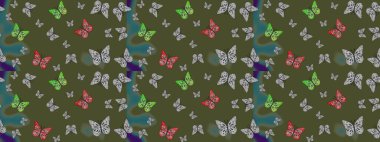 Yeşile kelebek desenli kontrastlı çizim. Uçan kelebek keten temalı Raster çizimi. Davetiye, kart ve parmak izi için basit kadınsı bir model. Giysiler için böcek kumaşı klipsleri tekrarlanıyor.