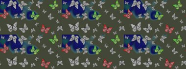 Sonsuz. Robot resim. Çizim, karalama, karalama. Yeşil arka planda kelebekler. Kelebekli tasarım. Raster illüstrasyonu.