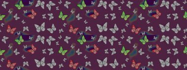 Eskiz kalıbı arka planı. Basit bir şekilde. Raster illüstrasyonu. Kahverengi renkte soyut sevimli kelebek.