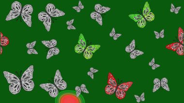 Moda sevimli kumaş tasarımı. Kelebeklerle güzel bir moda modeli. Fantezi çizimi. Raster illüstrasyonu. Yeşil renkli illüstrasyon.