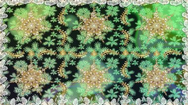 Yeşil renkler ve altın elementler üzerinde altın pürüzsüz desen. Yeşil renklerde ve altın elementlerle kusursuz klasik desen. Noel, kar tanesi, yeni yıl.