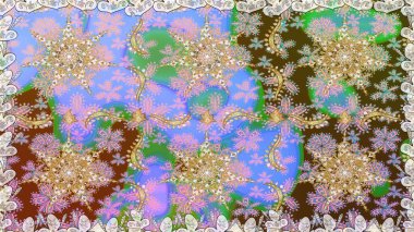 Raster soyut çiçek çelengi altın karalama fantezi yaprakları ve tarafsız renklerde çiçek. El yapımı dekoratif çerçeve, albüm kapağı, tebrik kartı, klasik Art deco tarzı.