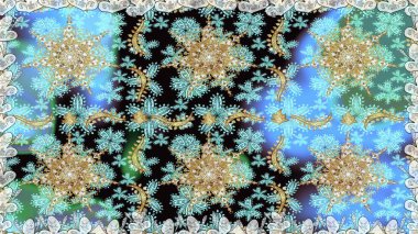 Mavi renklerde, altın elementli, pürüzsüz bir desen. Şam tasarım için kusursuz desen.