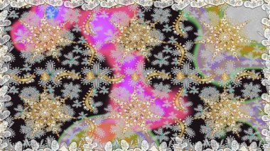 Damask altın soyut çiçek gri renklerde pürüzsüz desen. Raster illüstrasyonu. Süsleme.