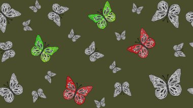 Farklı renkte kelebeklerin çizimi. Fantezi renkli resimler koleksiyonu. Raster illüstrasyonu. Tasarım için Raster Kelebekleri. Giysi biçimi için yeşil arkaplanda dekor.