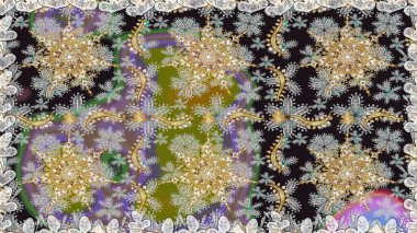 Altın antika ortaçağ dekoratifi, yapraklar ve gri renkli altın desenli süslemeleri olan pürüzsüz bir şablon. Kusursuz kraliyet lüksü, altın barok kumaş rengi..