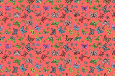 Yeşil, mavi ve beyaz renkli resimler tropikal kelebeklerle birlikte. Soyut, pürüzsüz bir arkaplan. Kelebek deseni. Duvar kağıtları, web sayfası arkaplanları, yüzey dokuları, tekstil için mükemmel..