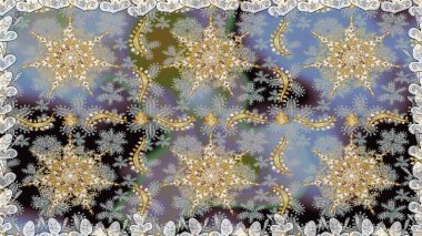 Damask pürüzsüz süsü. Klasik oryantal desen gri renklerden üstündür. Geleneksel raster ve altın desen.