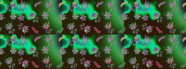 Çiçeksiz desenli nakış işlemeli gelincikler ve vadideki zambaklar. Tekstil tasarımı için geleneksel Raster çiçek buketi yeşil, kahverengi ve gri renkler.