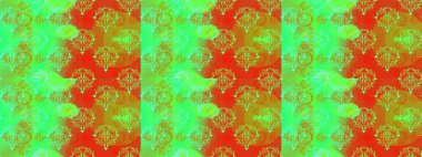 Çiçekli ipek eşarp. El çizimi çiçek unsurları olan soyut, pürüzsüz desen. 1950-1960 motifleri. Retro tekstil tasarım koleksiyonu. Yeşil, turuncu ve sarı yeşil, turuncu ve sarı.